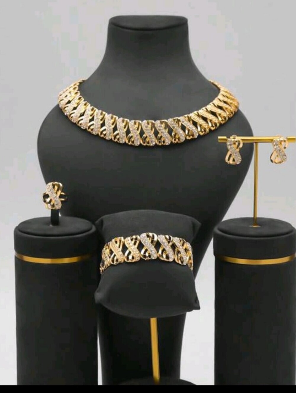 Gold and Crystal Twisted Link Jewelry Set - Necklace, Bracelet, Earrings, Ring
